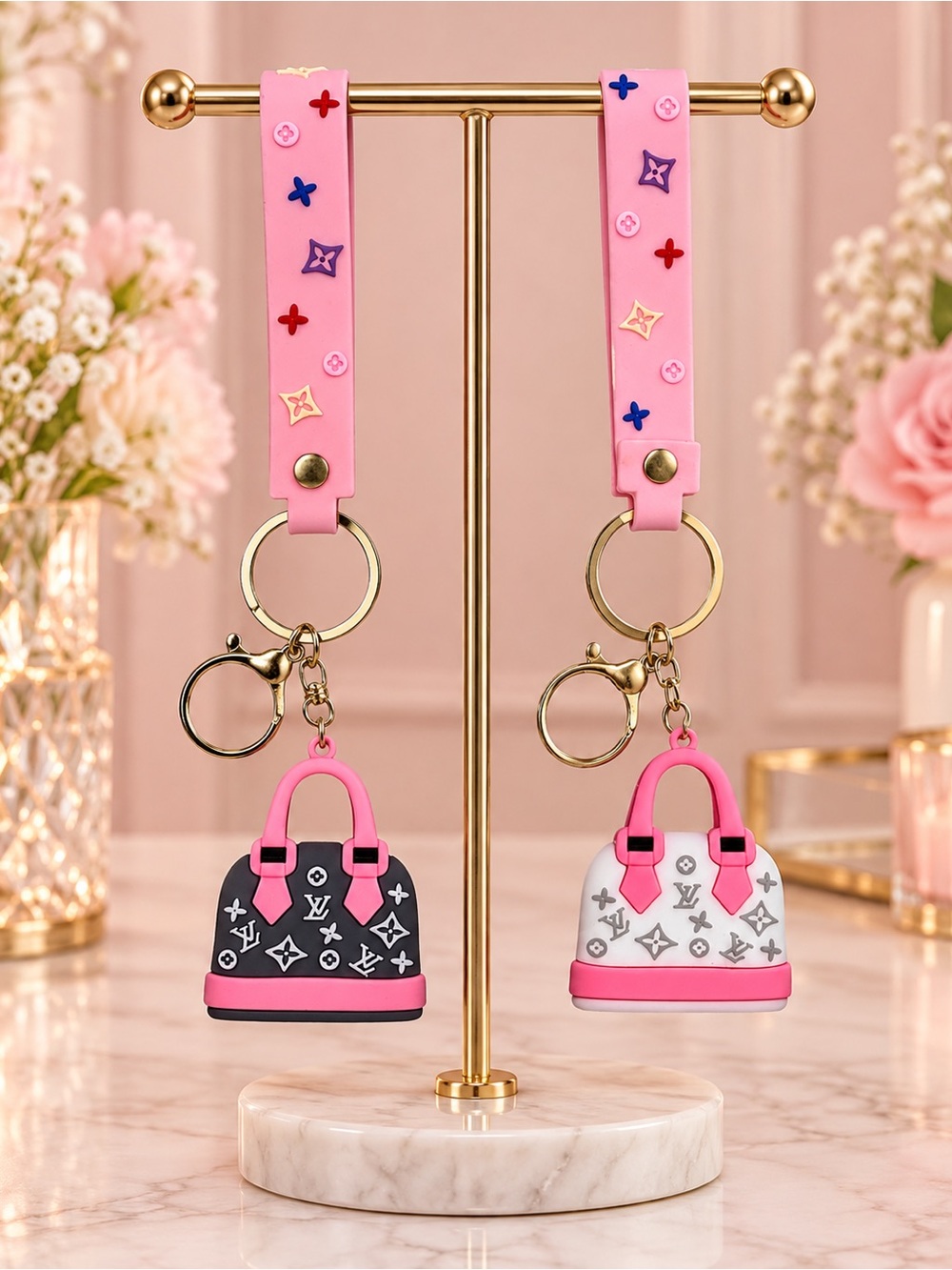 Pink Wristlet Keychain Bundle - Mini LV Print Letters Purse Charms - Set of 2